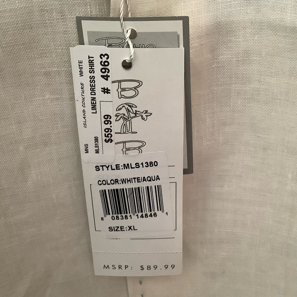Bohio White and aqua Casual linen Shirt. Guayabera style xl nwt - Picture 3 of 11